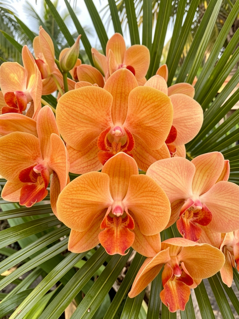 Orquídeas laranja e pêssego com folhas de palmeira, luz natural suave destacando detalhes das pétalas e nervuras das folhas.