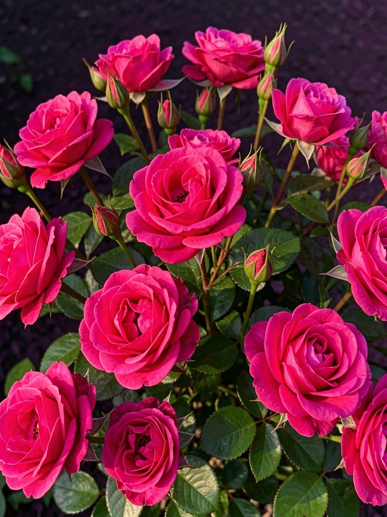 Ramos de rosas cor-de-rosa vibrante em vários estágios de floração, com pétalas aveludadas e folhagem verde brilhante contra fundo escuro texturizado, iluminados por luz natural difusa.