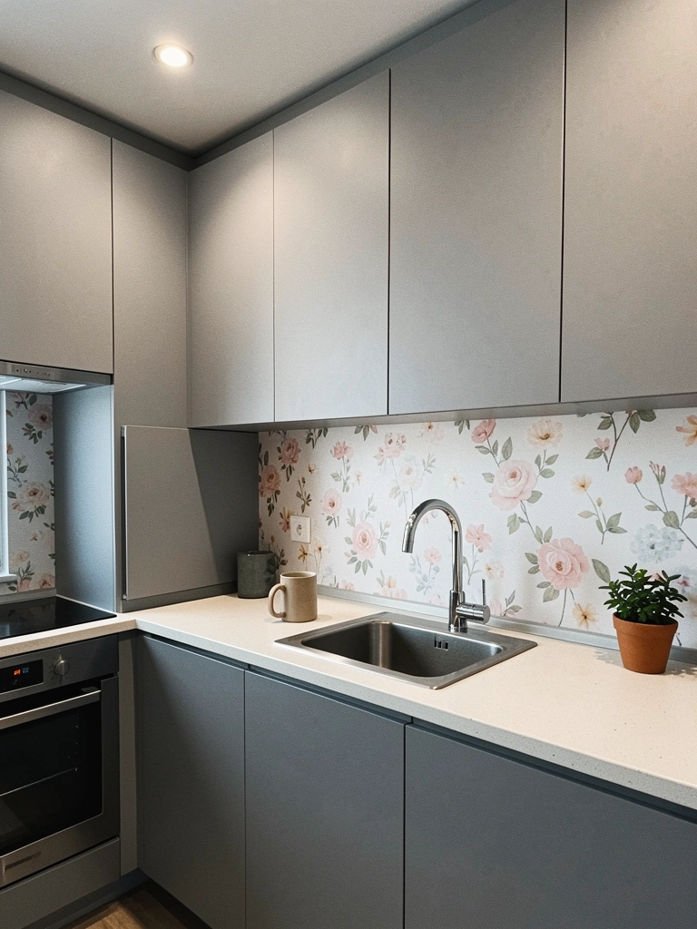 Cozinha com parede revestida de papel adesivo floral e bancada clara.