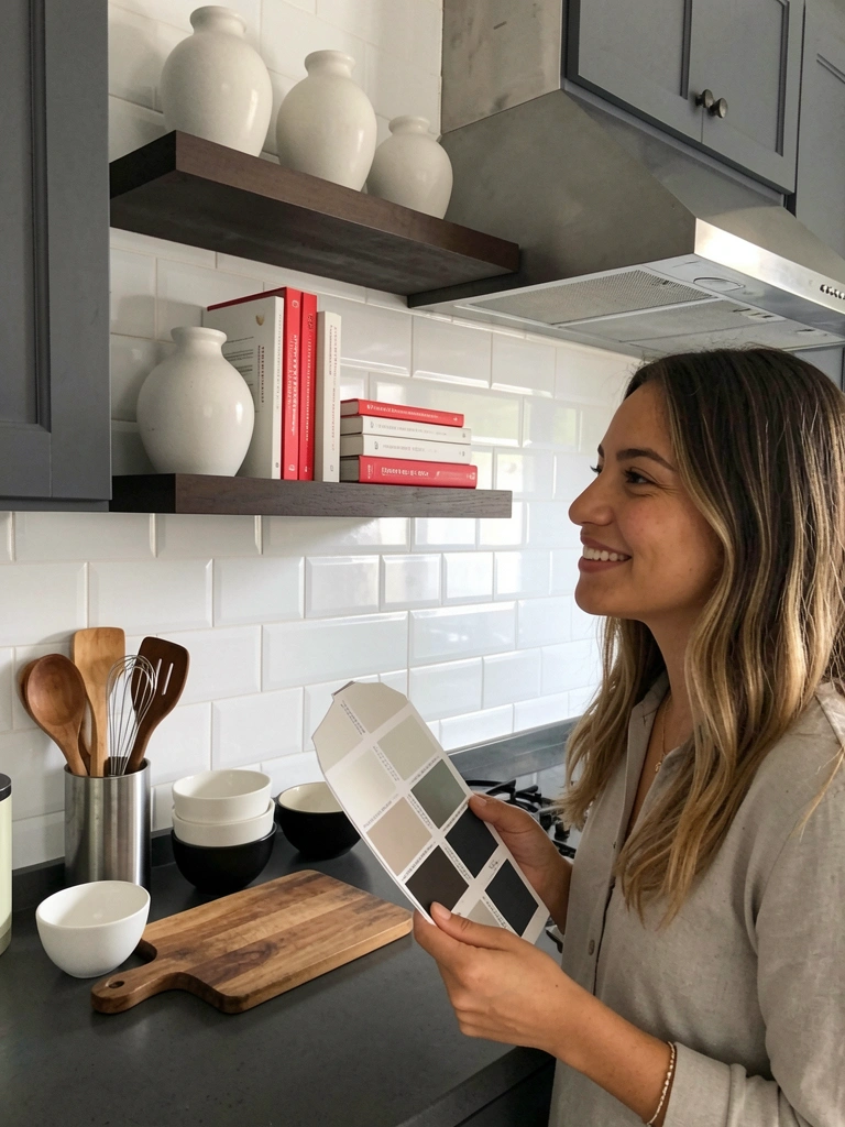 Mulher em pé na cozinha, olhando para amostras de papel de parede fixadas na parede.