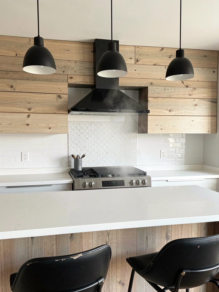 Cozinha com papel decorativo atrás do fogão e exaustor ligado