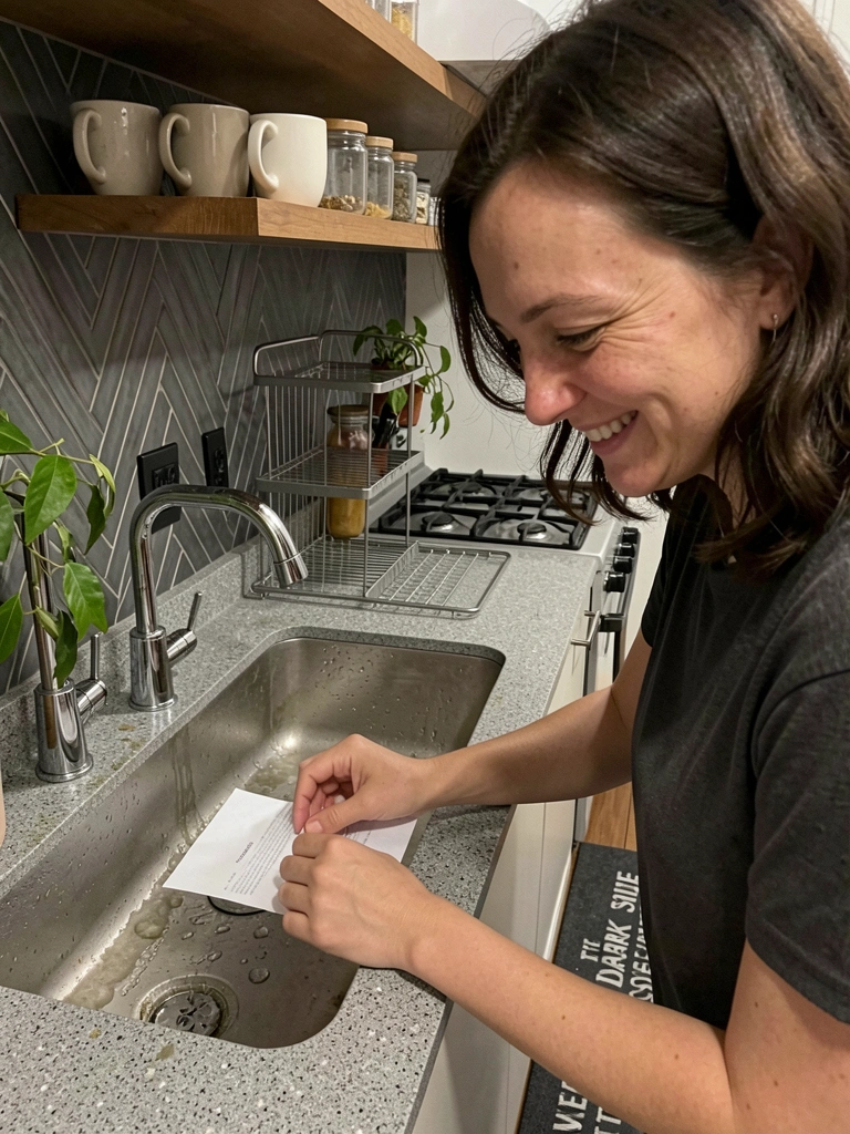 Mulher sorrindo enquanto aplica papel de parede na cozinha.
