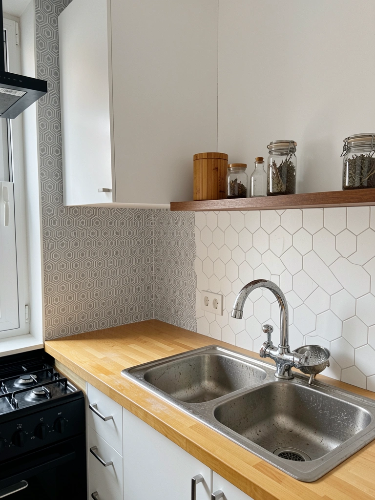Cozinha compacta com parede revestida por papel geométrico em tons claros, bancada e armários minimalistas.
