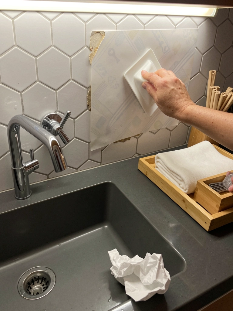 Azulejo antigo sendo coberto por papel adesivo em uma cozinha.