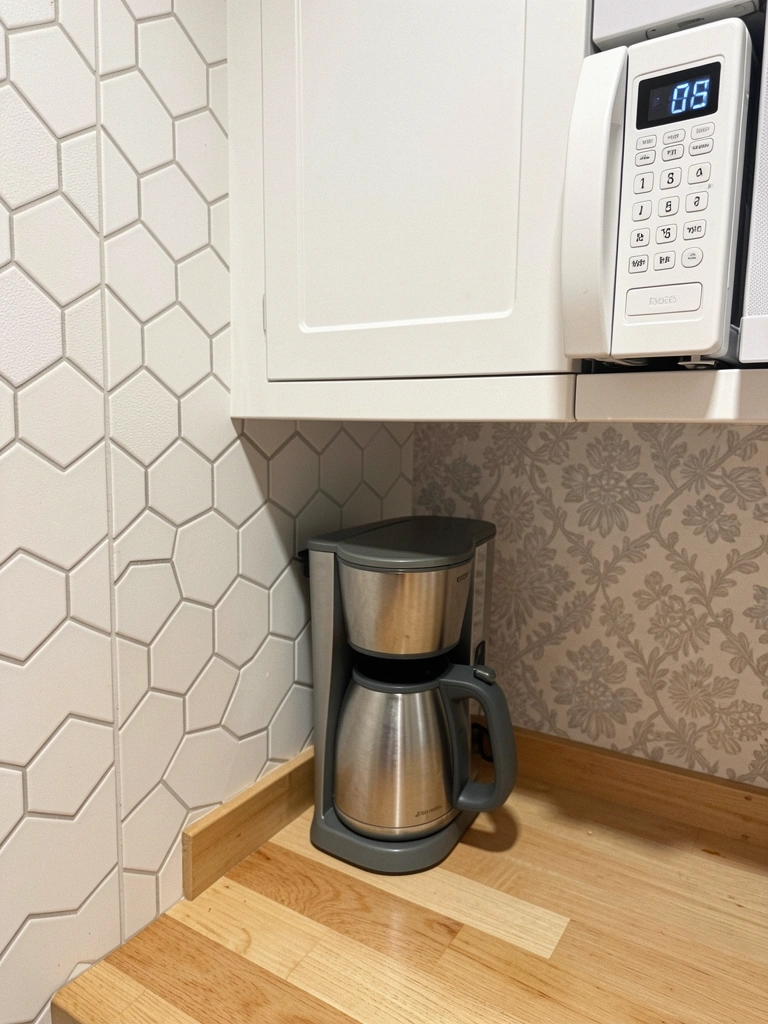 Parede dividida verticalmente: lado esquerdo com azulejos brancos, lado direito com papel de parede floral azul.