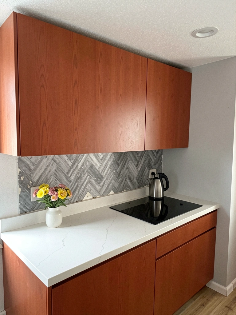 Papel blockout bege cobrindo azulejo quadrado antigo em parede de cozinha renovada, com bancada clara e pia metálica.