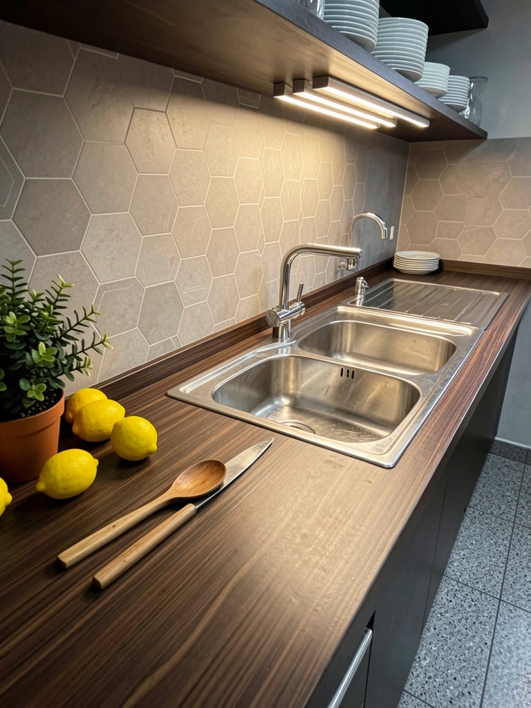 Papel de parede com padrão hexagonal em tons de azul e branco em uma cozinha moderna.