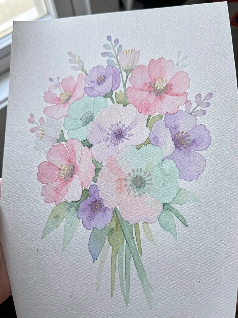 Flores aquareladas em tons pastel sobre fundo branco.