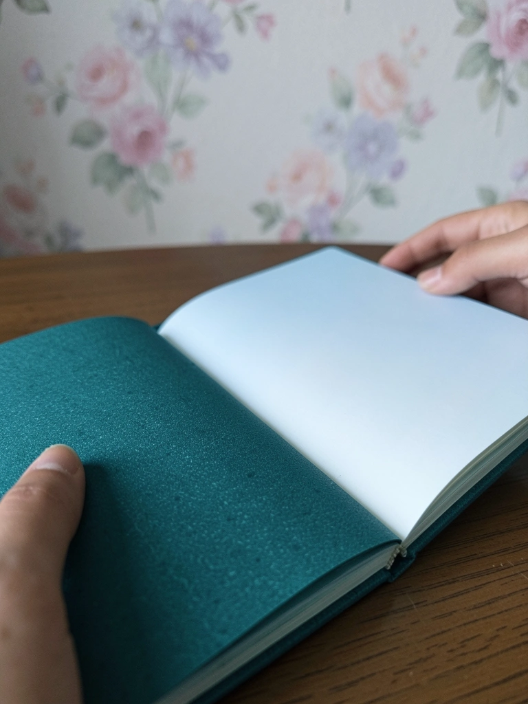 Notebook aberto sobre mesa de madeira, tela exibindo wallpaper floral em tons pastel, iluminação natural suave.