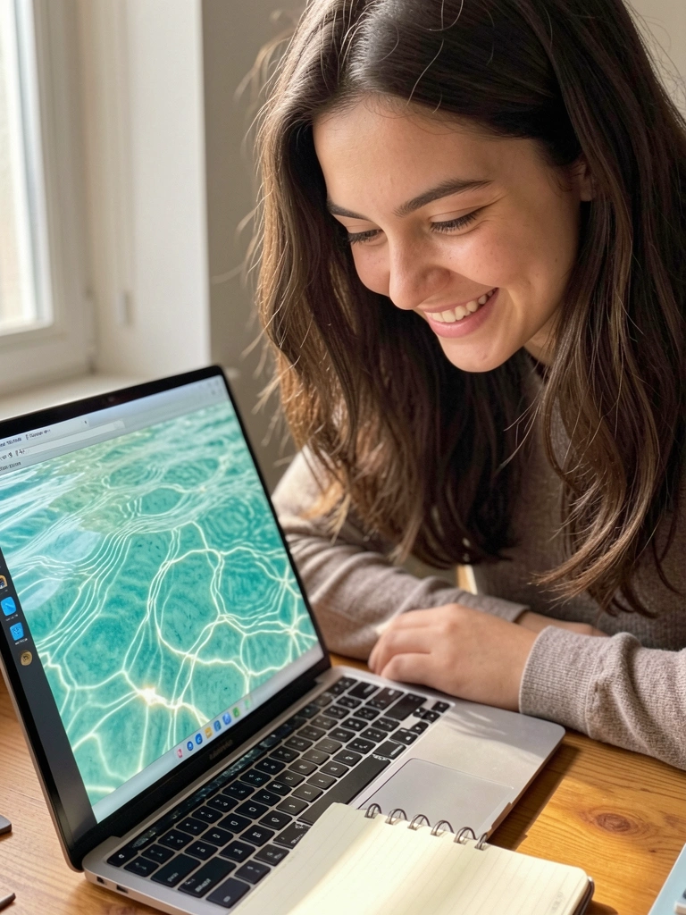 Pessoa sorrindo ao olhar para notebook com wallpaper inspirador na tela.