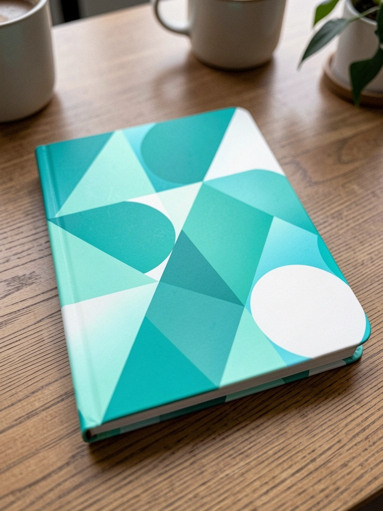 Notebook aberto sobre mesa de madeira, com wallpaper de formas geométricas coloridas na tela.