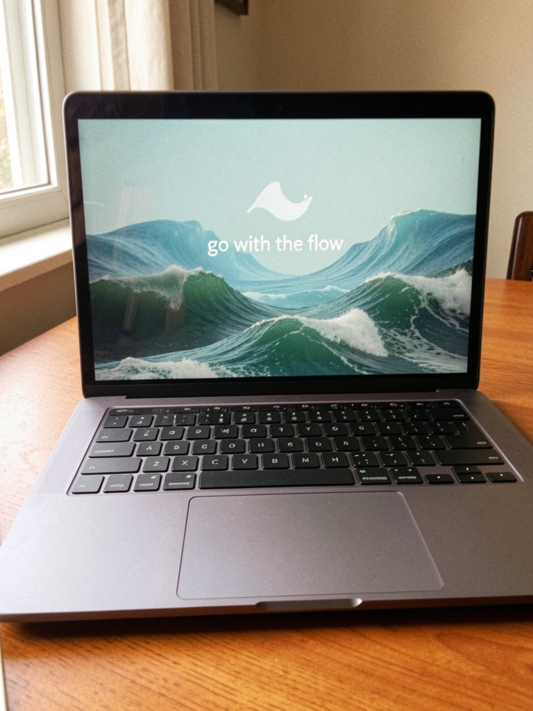 Notebook aberto com wallpaper de ondas azuis em 3D sutil sobre mesa de madeira clara.