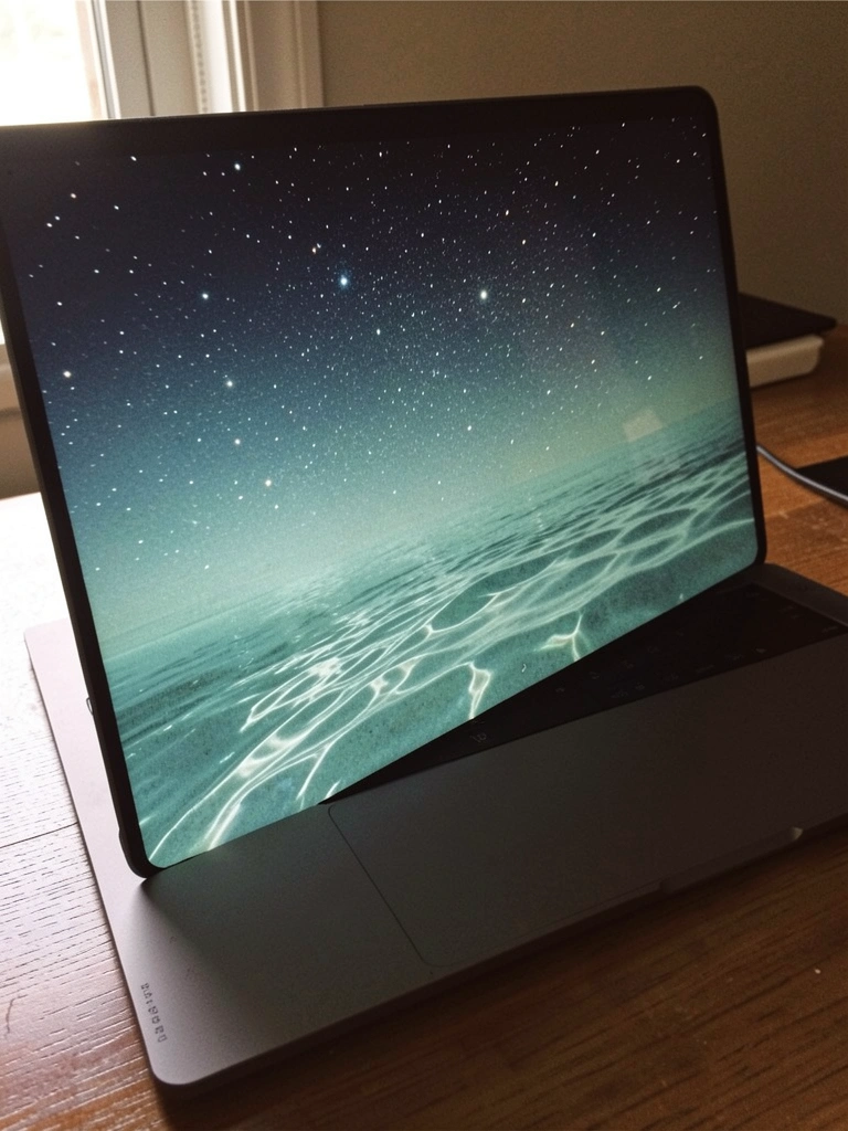 Notebook aberto sobre mesa, com wallpaper de estrelas cintilando na tela.