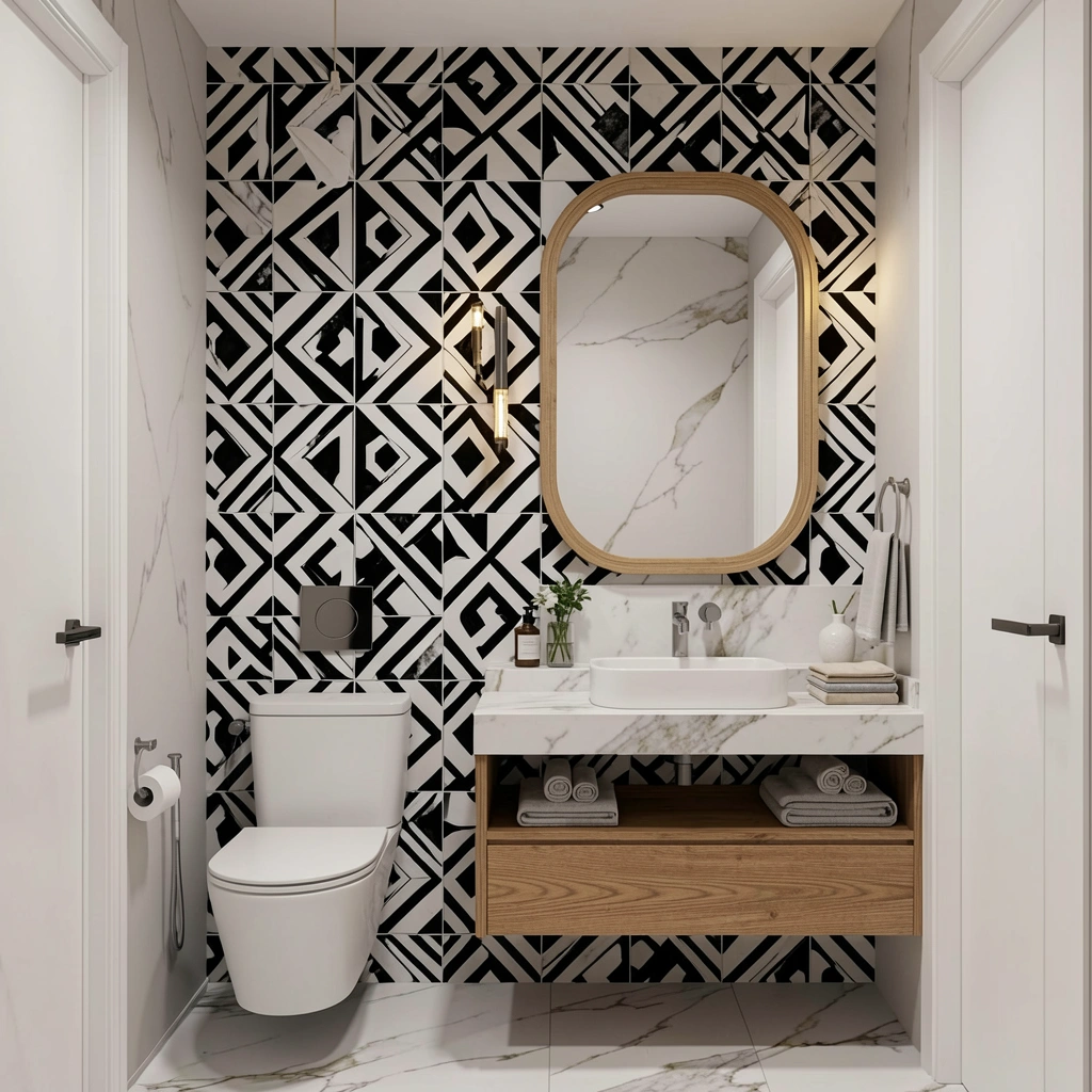 Papel de parede geométrico preto e branco, bancada de mármore claro e moldura de espelho em madeira natural.
