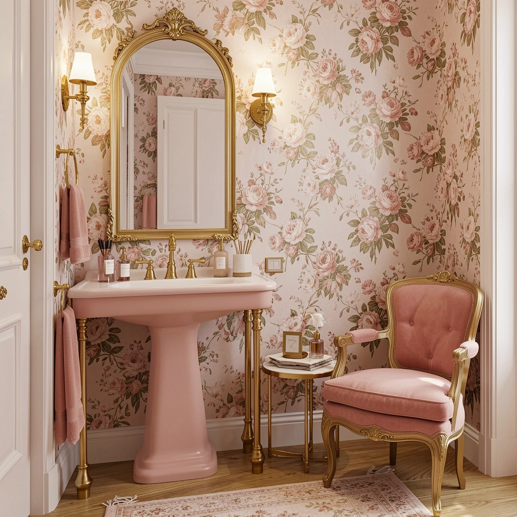Papel de parede floral rosa e verde em banheiro com pia blush, cadeira rosa e metais dourados.