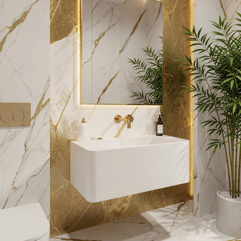 Pia suspensa de porcelana branca sobre bancada de mármore dourado com vaso de bambu ao lado.