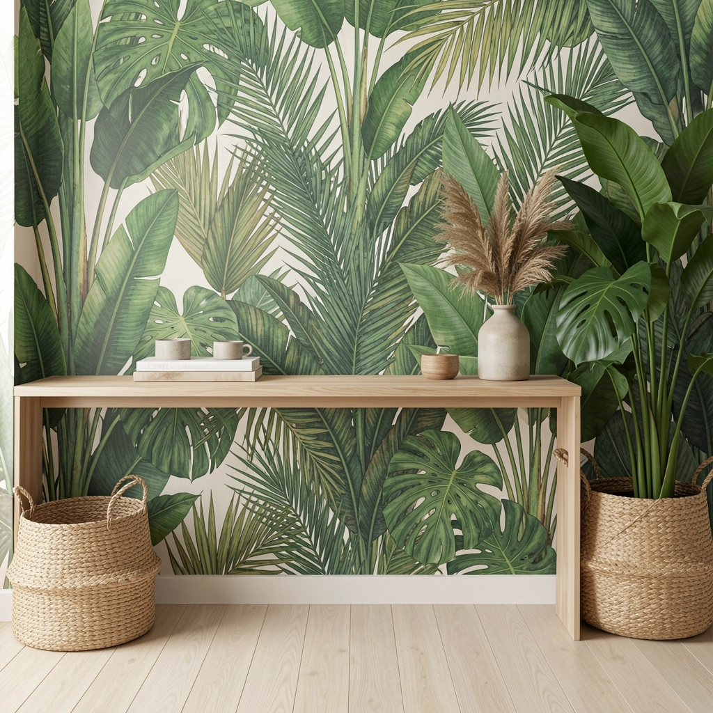 Cesto de vime sobre bancada de madeira clara com papel de parede tropical ao fundo.