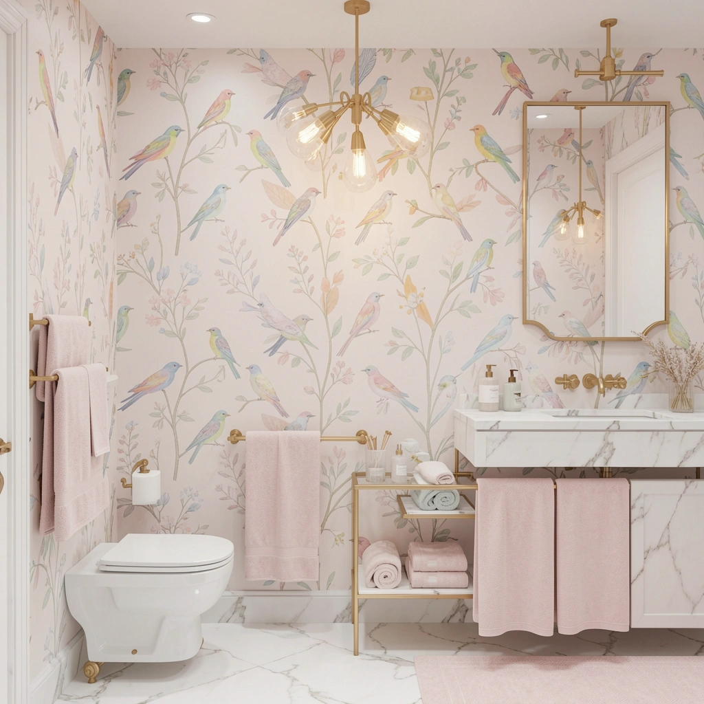 Papel de parede com ramos verdes e pássaros em tons pastéis, espelho dourado e bancada de mármore branco.