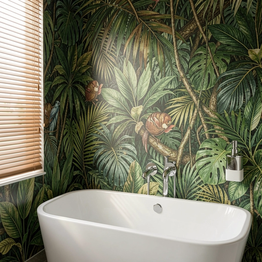 Banheiro com parede de selva tropical, bancada branca e torneira cromada sob luz natural filtrada por persiana.