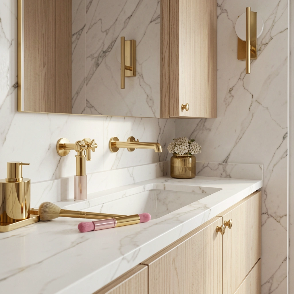 Bancada de mármore branco com armário de madeira clara, pincel dourado e batom rosa.
