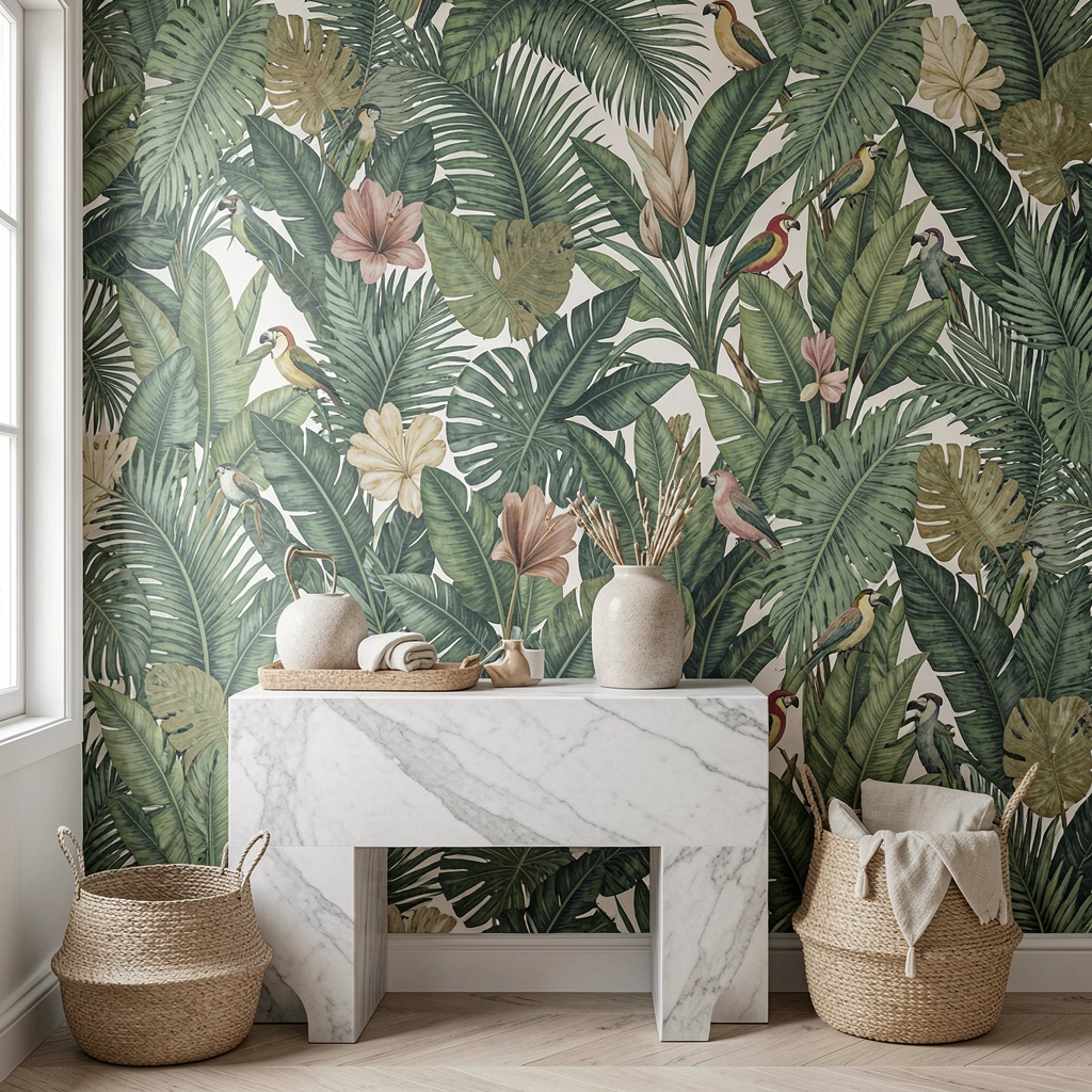 Banheiro com papel de parede tropical vibrante, bancada de mármore cinza claro e cesto de vime.