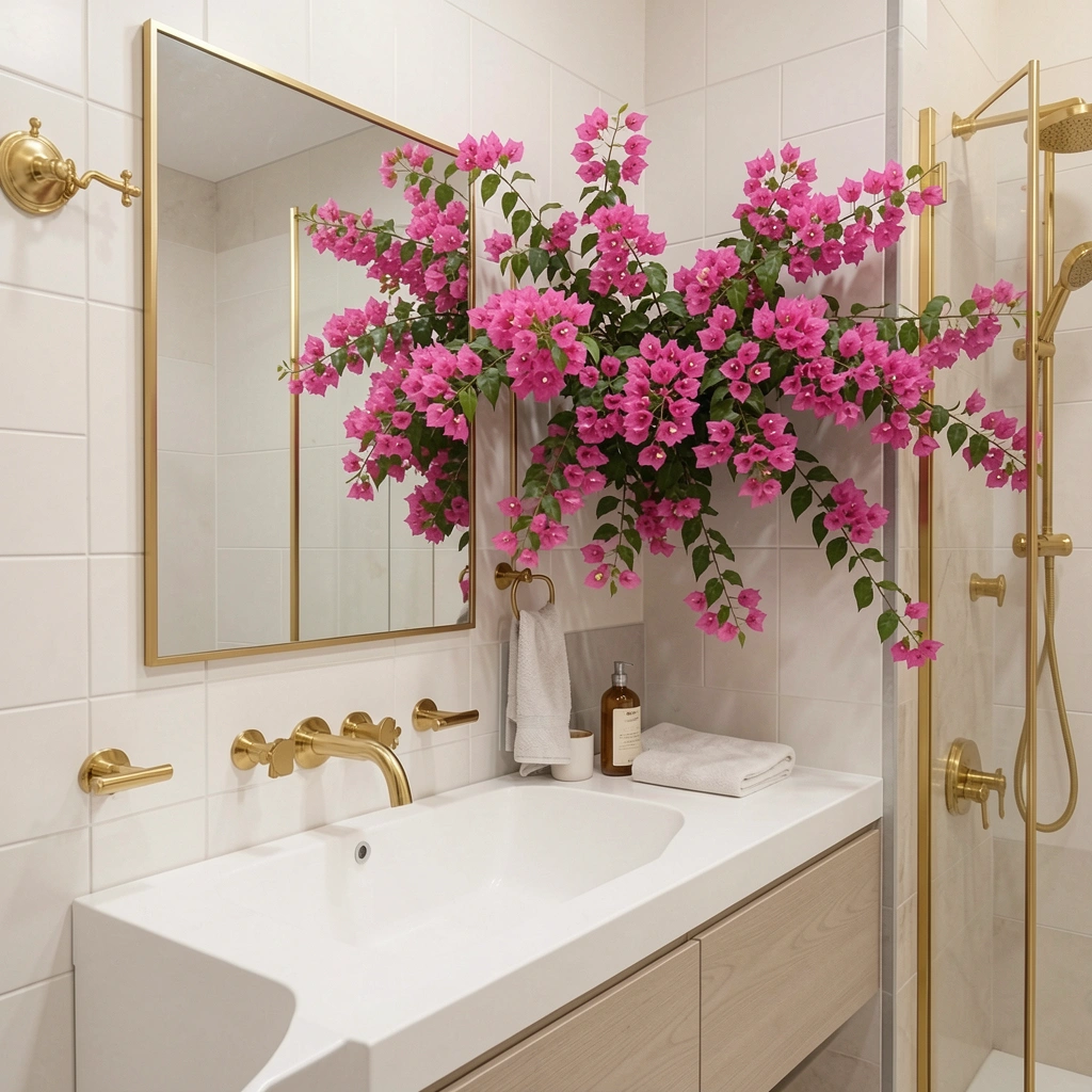 Arranjo de bougainvillea rosa sobre bancada branca com torneira dourada e parede neutra.