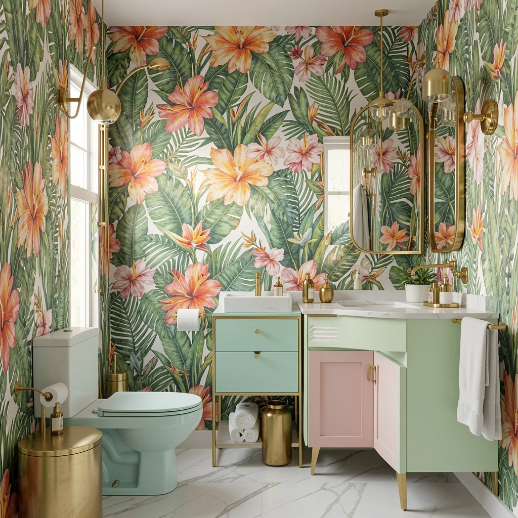 Papel de parede floral vibrante em banheiro pequeno com metais dourados e móveis pastel.