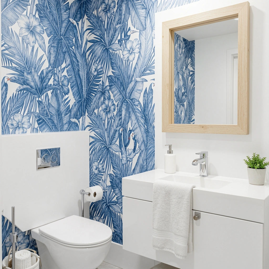 Papel de parede azul e branco com folhagens tropicais, pia de porcelana branca e toalha de algodão creme.