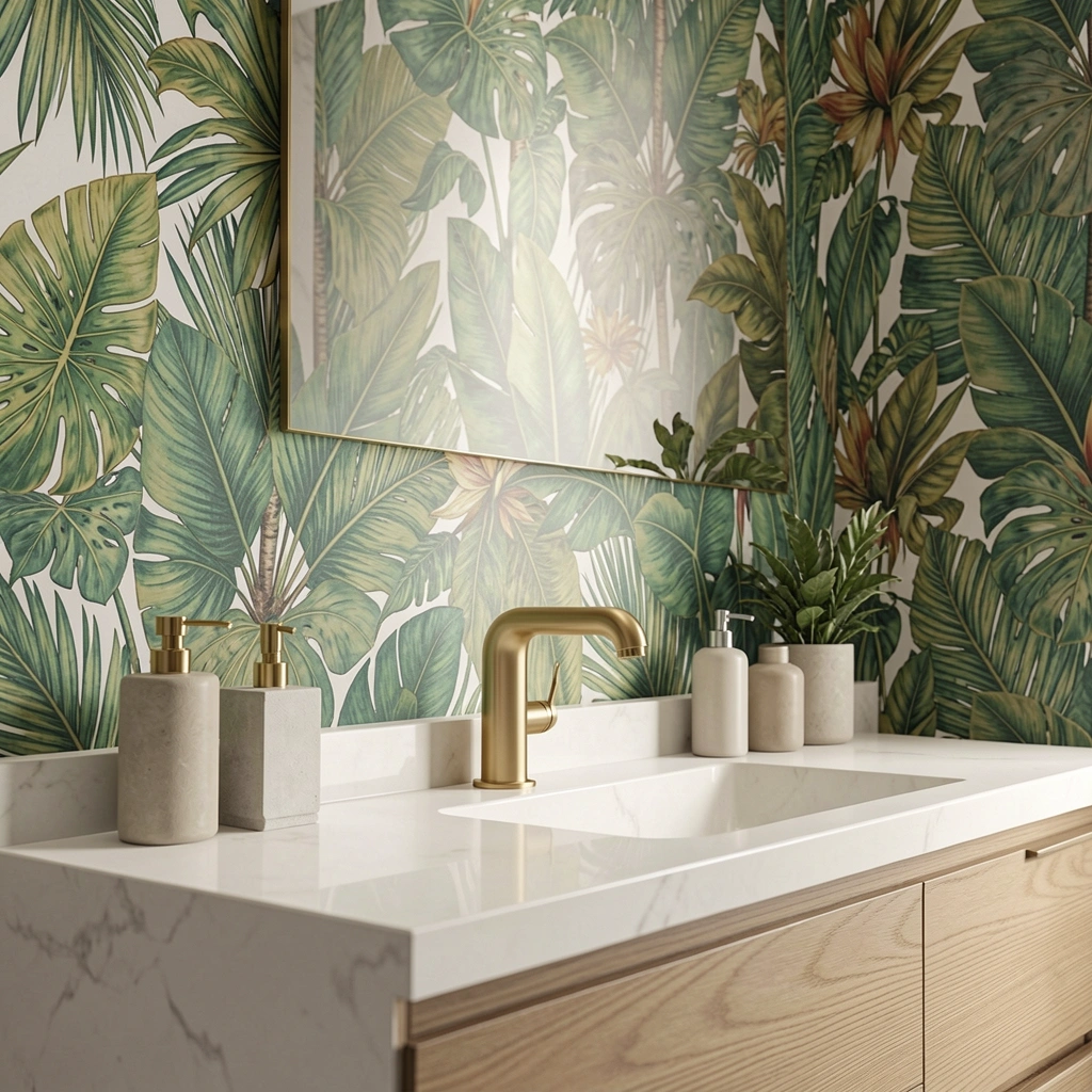 Torneira dourada escovada sobre bancada branca com papel de parede tropical vibrante ao fundo.