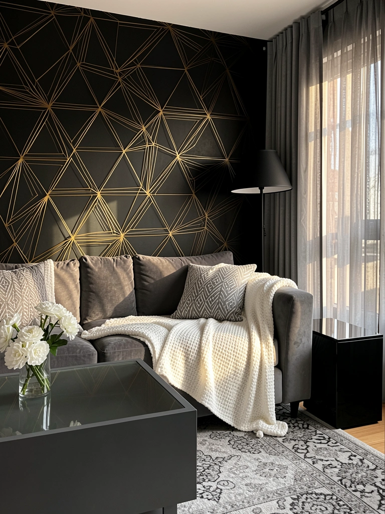 Sofá cinza luxuoso com manta texturizada branca, mesa de centro de vidro sobre base escura, e parede geométrica preta com triângulos dourados sob luz natural de janela com cortinas cinza.