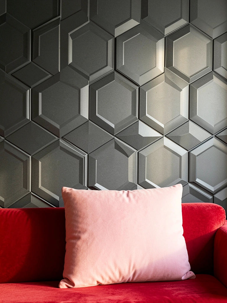 Parede hexagonal cinza escura com textura tridimensional, almofada rosa sobre sofá vermelho aveludado, luz natural destacando os relevos.