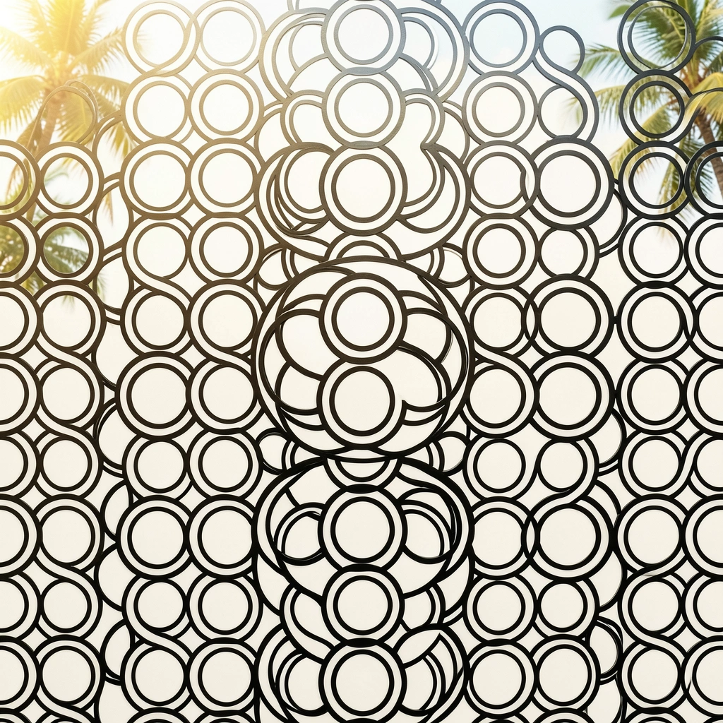 Padrão geométrico preto e branco com círculos sobrepostos de tamanhos variados, detalhes nítidos e luz natural.