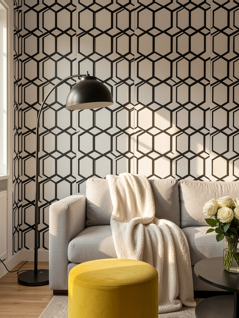 Papel de parede hexagonal preto e branco, sofá cinza claro com manta, abajur preto e pufe amarelo redondo, luz natural.