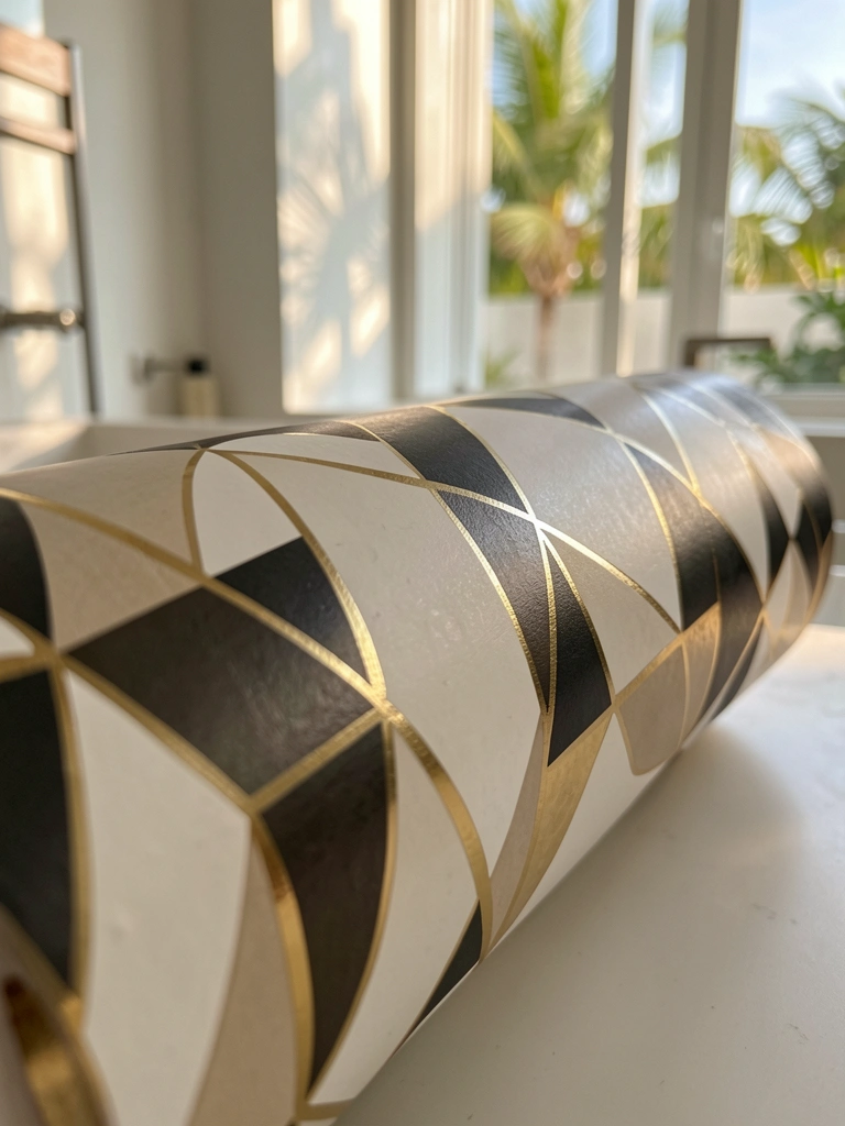 Rolo de papel de parede geométrico com triângulos sobrepostos em branco, preto, dourado e bege, luz natural refletindo na superfície lisa e fundo desfocado.