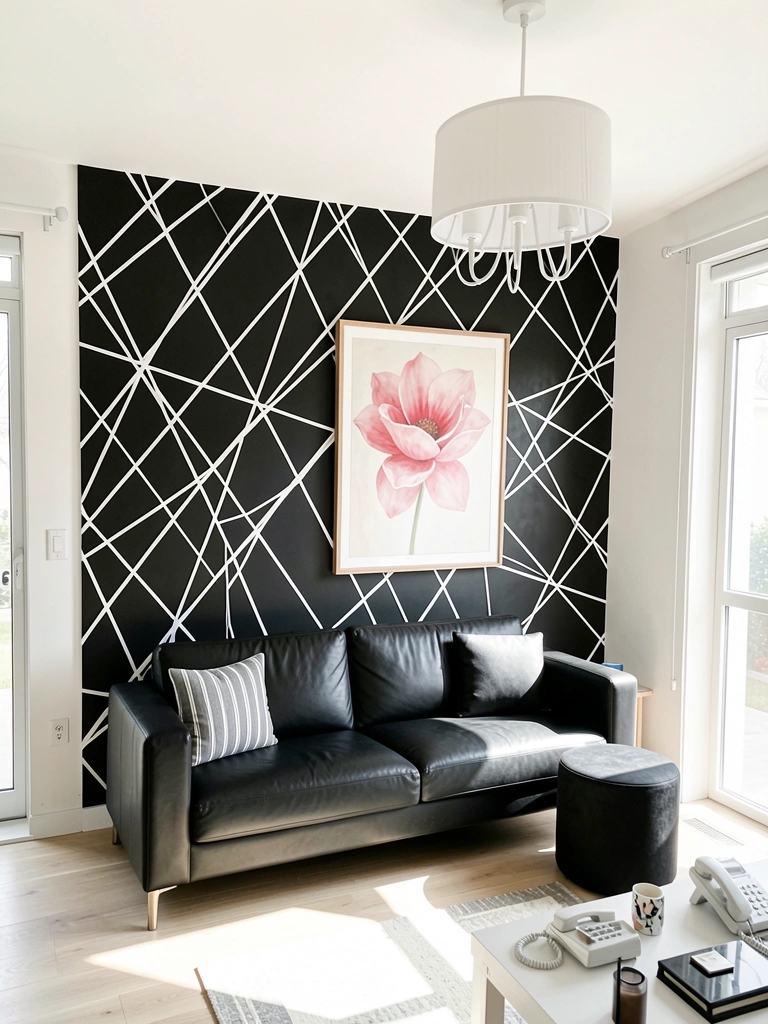Parede preta com linhas brancas geométricas, sofá de couro preto com almofada listrada e quadro de flor rosa estilizado.