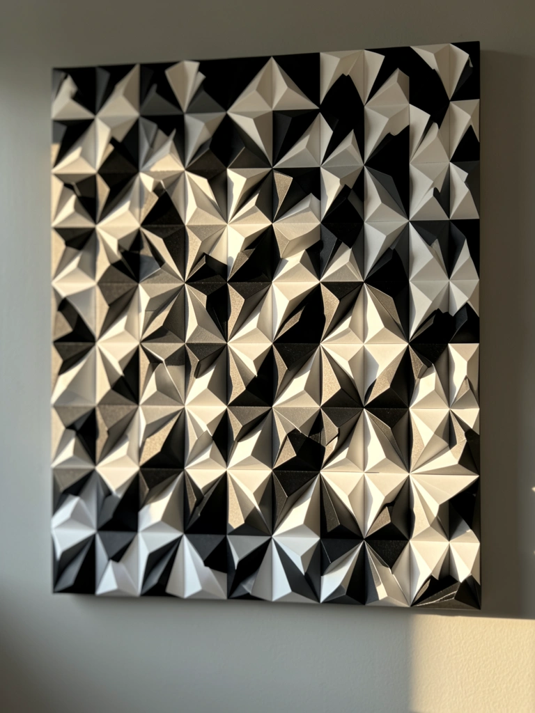 Luz natural incide sobre parede com arte geométrica de triângulos pretos, brancos e cinzas sobrepostos, textura tridimensional e fundo neutro desfocado.