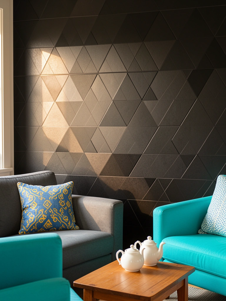 Papel de parede preto com triângulos geométricos, sofá cinza e poltrona turquesa, mesa de centro de madeira com almofada azul e amarela e bule de porcelana branco, luz natural.