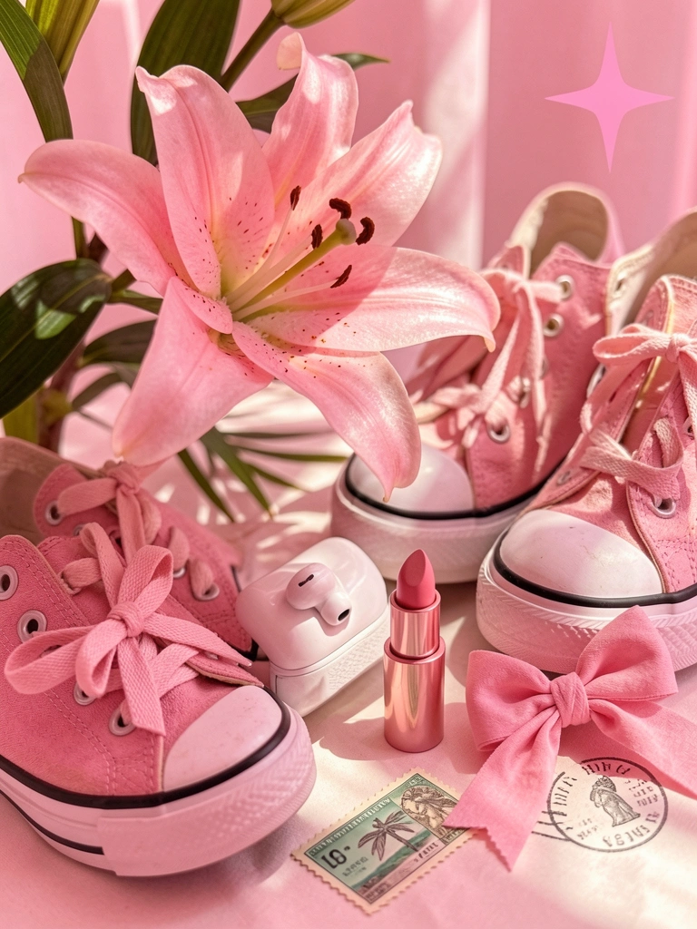 Pétalas de lírio rosa, tênis Converse com laço, batom e fone de ouvido sobre fundo rosa difuso, luz tropical.
