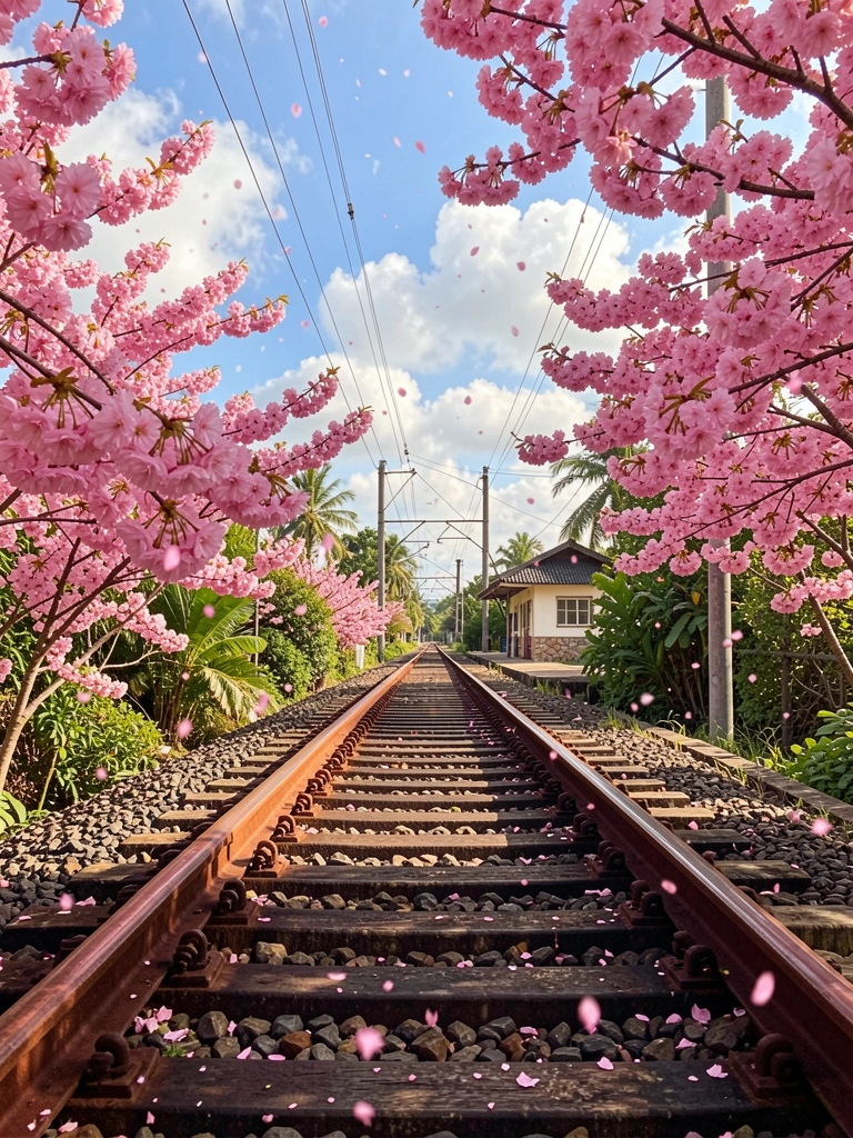 Trilhos de trem enferrujados entre pétalas de cerejeira caindo, com estação ao fundo sob céu azul e nuvens.