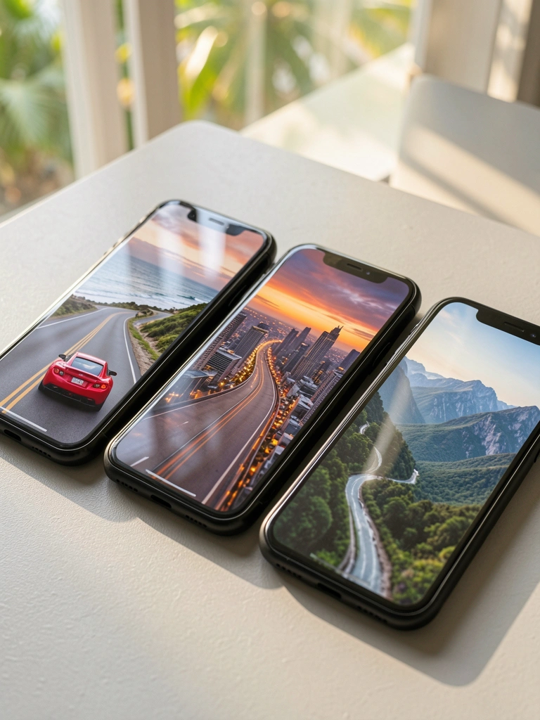 Três smartphones pretos sobre superfície cinza clara, com papéis de parede exibindo estrada costeira, cidade ao entardecer e montanhas, luz natural suave.