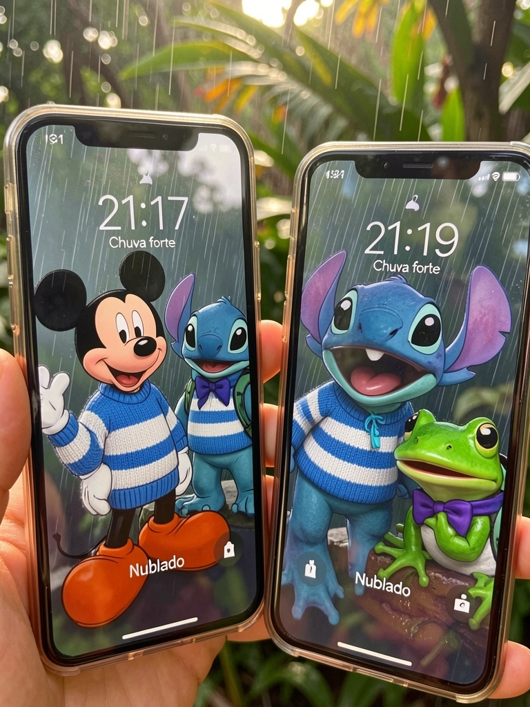 Dois smartphones exibindo Mickey e Stitch em suéteres listrados, sapo verde de laço roxo, fundo desfocado com folhagens e chuva.