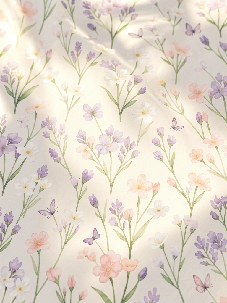 Fundo creme com delicados ramos verdes, flores brancas e lavandas em aquarela translúcida, pétalas rosadas e borboletas minúsculas sob luz natural suave.