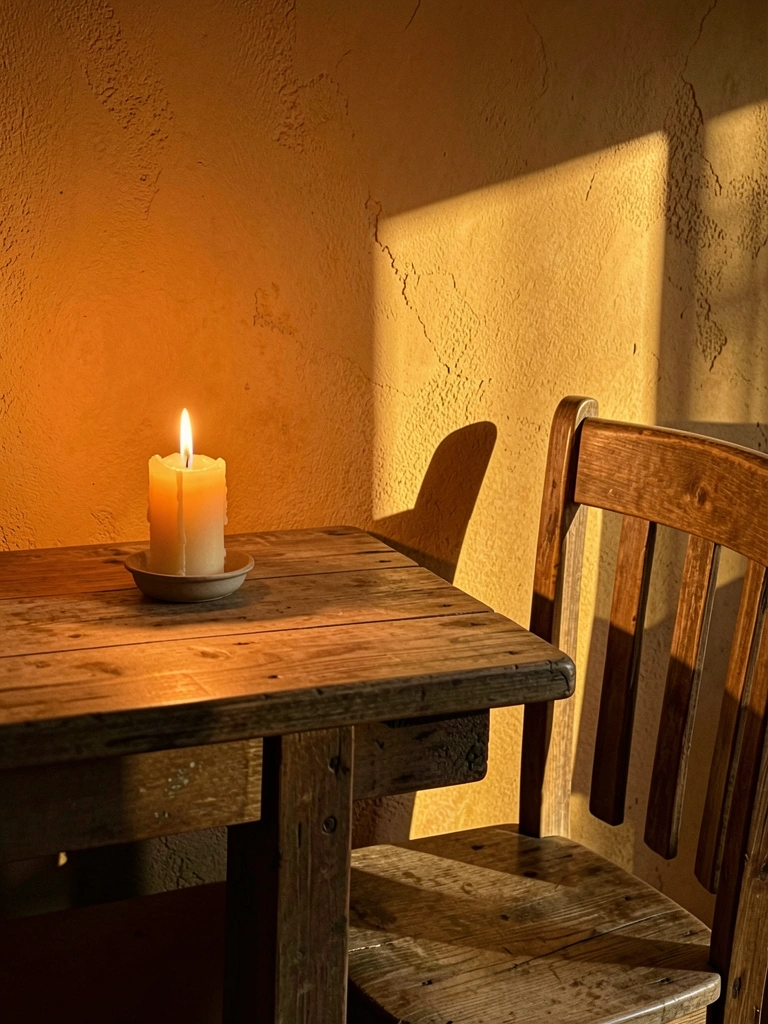 Mesa de madeira desgastada com vela acesa lançando sombras dramáticas em parede ocre texturizada, cadeira rústica ao lado.