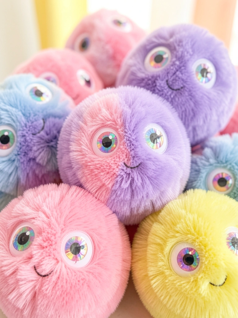 Pompons coloridos em rosa, roxo, azul e amarelo com olhos grandes e sorrisos, empilhados sobre fundo claro e desfocado.