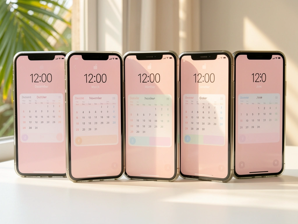 Cinco smartphones em fila sobre superfície branca, telas exibindo calendários rosa claro com datas de dezembro, março, novembro, outubro e junho, luz difusa e reflexos sutis.
