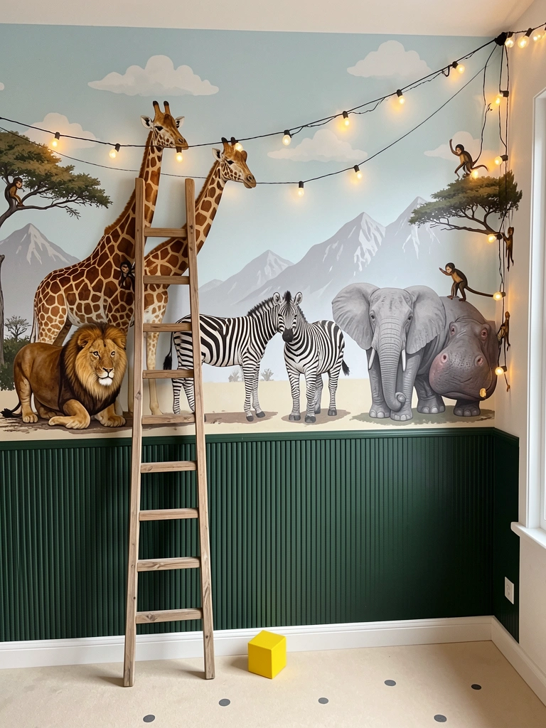 Papéis de parede com estampa safari, incluindo animais e folhagens tropicais.