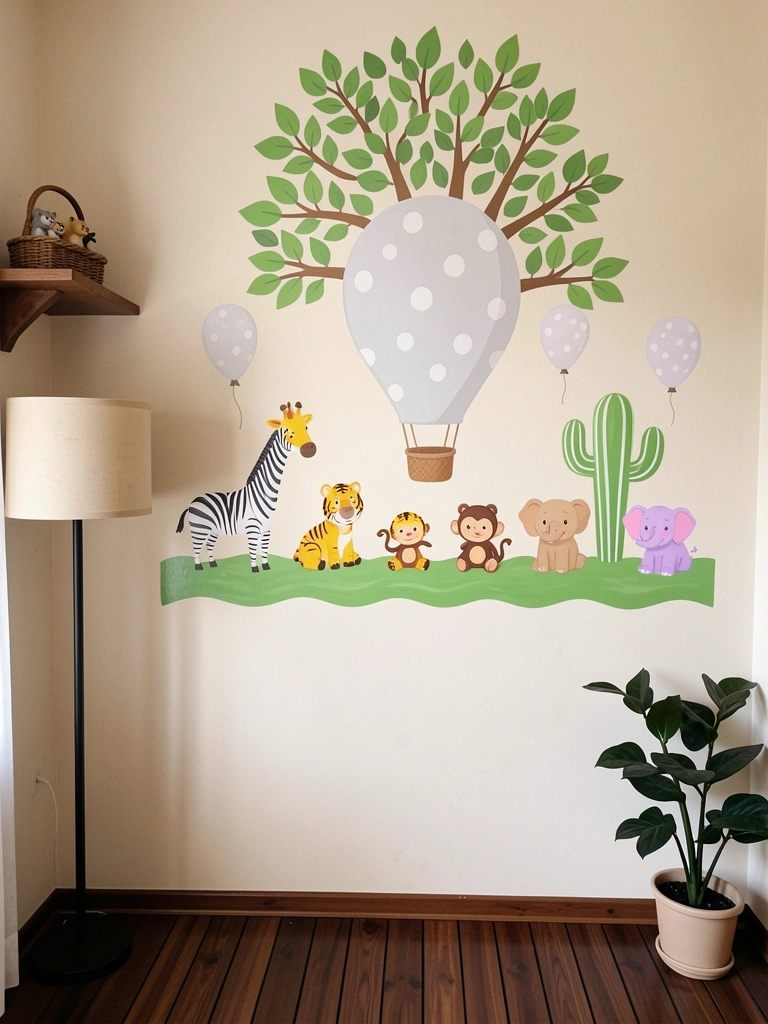 Papel de parede com padrão de girafas e zebras sobre fundo bege claro.