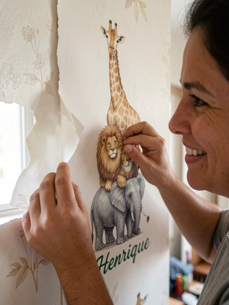 Mãos segurando espátula para remover papel de parede com estampa de animais.