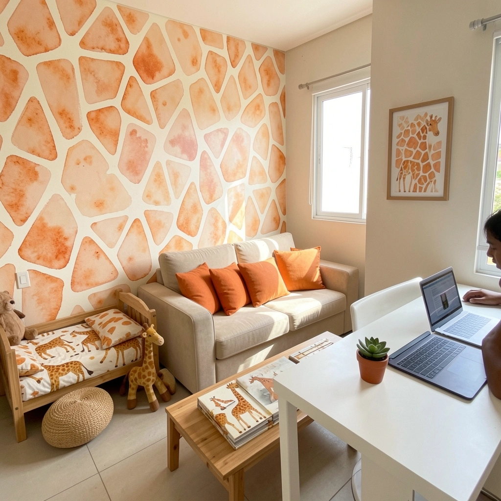 Colagem de quarto infantil, sala e home office com tema safari, incluindo papel de parede com animais e vegetação.