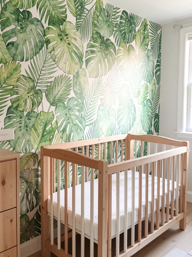 Quarto de bebê com papel de parede safari em tons pastéis, berço de madeira clara e tapete felpudo.